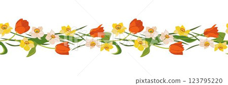 Beautiful seamless border of tulips and daffodils isolated on white background. Red, yellow and white spring flowers, Mother's Day gift. Colorful vector illustration in flat style. Beautiful seamless border of tulips and daffodils isolated on white background. Red, yellow and white spring flowers, Mother's Day gift. Colorful vector illustration in flat style. 123795220