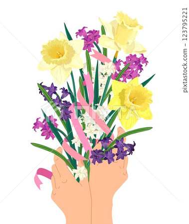 Bouquet of yellow daffodils, white, pink, purple hyacinths and pink ribbons. Greeting card for Mother's Day, Women's Day, March 8. Vector spring bouquet in hands, gift for parents. Bouquet of yellow daffodils, white, pink, purple hyacinths and pink ribbons. Greeting card for Mother's Day, Women's Day, March 8. Vector spring bouquet in hands, gift for parents. 123795221
