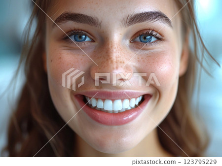 Beautiful young woman with perfect teeth and cute smile after dental check up visit.AI Generative. 123795229