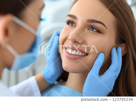 Young woman in dentist chair ready for dental check up and hygiene in orthodontic.AI Generative. 123795234