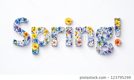 A bright and colourful arrangement of flowers, inspired by the season of spring, creatively forms the word Spring! 123795299