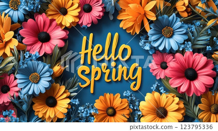 A vibrant digital illustration featuring the phrase Hello Spring in bright yellow text, surrounded by colorful flowers in shades of pink, blue, and orange, set against a deep blue background. A vibrant digital illustration featuring the phrase Hello Spring in bright yellow text, surrounded by colorful flowers in shades of pink, blue, and orange, set against a deep blue background. 123795336