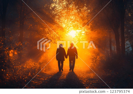 Elderly Couple Walking Through a Radiant Forest Path at Sunset - Nature, Romance, Tranquility Generative AI 123795374