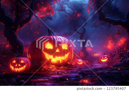 Halloween Night: Spooky Forest with Glowing Jack-o'-Lanterns for Seasonal Designs Generative AI 123795407
