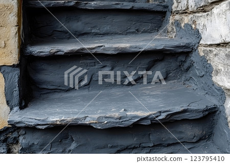 Rustic Stone Staircase with Weathered Textured Surfaces for Architectural Design Generative AI 123795410