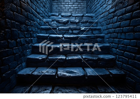 Mysterious Stone Staircase in Dark Blue Grotto Setting for Atmospheric Design Generative AI 123795411