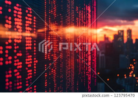 City Skyline at Sunset with Financial Data Display - Modern Urban Finance Concept Generative AI 123795470