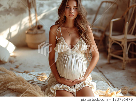Photoshoot of young beautiful pregnant woman sitting on floor and holding tummy.AI Generative. 123795479