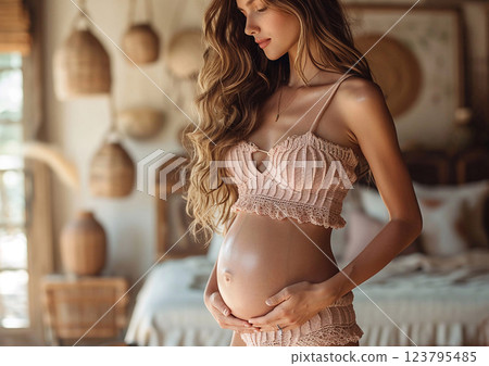 Happy young pregnant woman at home gently holding her tummy.Macro.AI Generative. 123795485