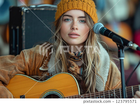 Young beautiful woman musician with acoustic guitar singing for people on city street.AI Generative. 123795571
