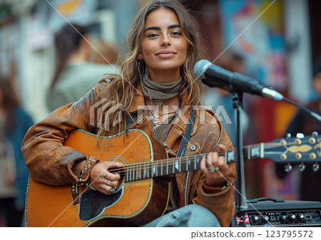 Young beautiful woman musician with acoustic guitar singing for people on city street.AI Generative. 123795572