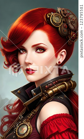 A young woman in a steampunk aesthetic, showcasing a blend of Victorian fashion and futuristic technology A young woman in a steampunk aesthetic, showcasing a blend of Victorian fashion and futuristic technology 123795581