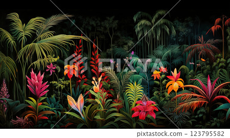 Tropical forest, full of life and bright colors. A tall palm tree with spreading leaves, which seems to be pointing towards the sun. 123795582