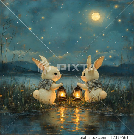 Bunnies carrying lanterns 123795611