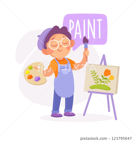 Boy Paint Picture as Verb Study with Little Kid Demonstrating Activity Vocabulary Vector Illustration Boy Paint Picture as Verb Study with Little Kid Demonstrating Activity Vocabulary Vector Illustration 123795647