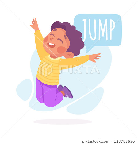 Boy Jump with Joy as Verb Study with Little Kid Demonstrating Activity Vocabulary Vector Illustration 123795650
