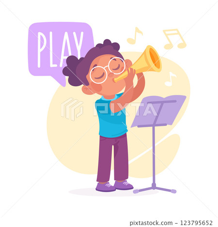 Girl Play Trumpet as Verb Study with Little Kid Demonstrating Activity Vocabulary Vector Illustration 123795652