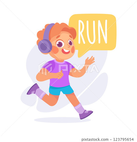 Boy Run in Headphones as Verb Study with Little Kid Demonstrating Activity Vocabulary Vector Illustration Boy Run in Headphones as Verb Study with Little Kid Demonstrating Activity Vocabulary Vector Illustration 123795654