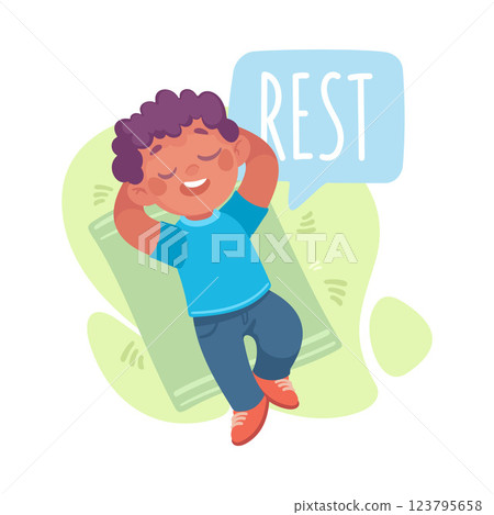 Boy Rest on Green Grass as Verb Study with Little Kid Demonstrating Activity Vocabulary Vector Illustration Boy Rest on Green Grass as Verb Study with Little Kid Demonstrating Activity Vocabulary Vector Illustration 123795658