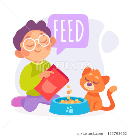 Boy Feed Cat as Verb Study with Little Kid Demonstrating Activity Vocabulary Vector Illustration Boy Feed Cat as Verb Study with Little Kid Demonstrating Activity Vocabulary Vector Illustration 123795662