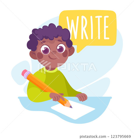 Boy Write Letter as Verb Study with Little Kid Demonstrating Activity Vocabulary Vector Illustration Boy Write Letter as Verb Study with Little Kid Demonstrating Activity Vocabulary Vector Illustration 123795669