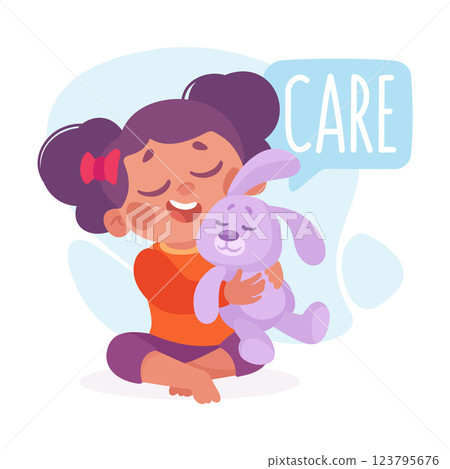 Girl Care of Bunny as Verb Study with Little Kid Demonstrating Activity Vocabulary Vector Illustration 123795676