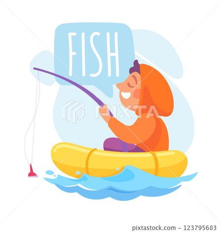 Boy Fish with Rod as Verb Study with Little Kid Demonstrating Activity Vocabulary Vector Illustration Boy Fish with Rod as Verb Study with Little Kid Demonstrating Activity Vocabulary Vector Illustration 123795683