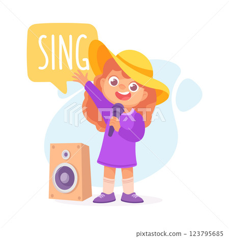 Girl Sing in Microphone as Verb Study with Little Kid Demonstrating Activity Vocabulary Vector Illustration Girl Sing in Microphone as Verb Study with Little Kid Demonstrating Activity Vocabulary Vector Illustration 123795685