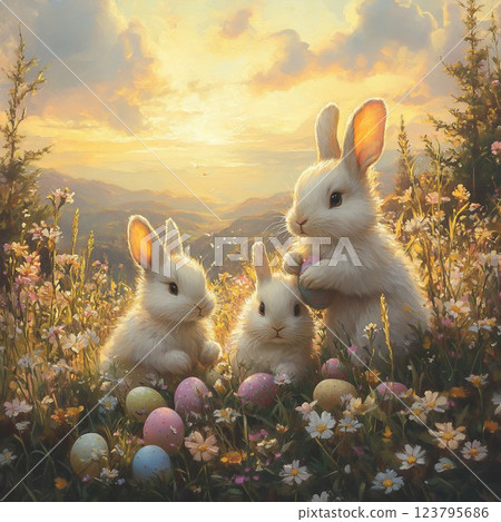 The bunnies are playfully hiding eggs 123795686
