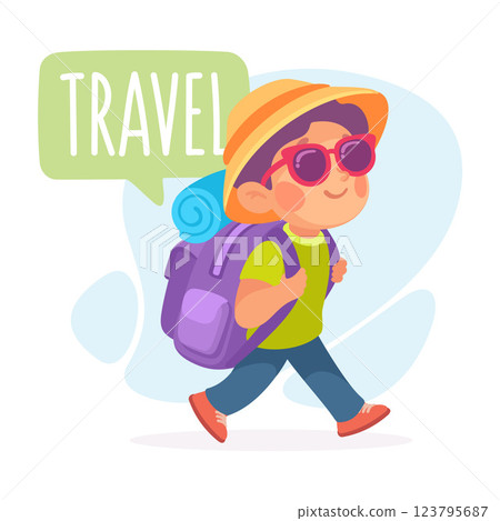Boy Travel with Backpack as Verb Study with Little Kid Demonstrating Activity Vocabulary Vector Illustration 123795687