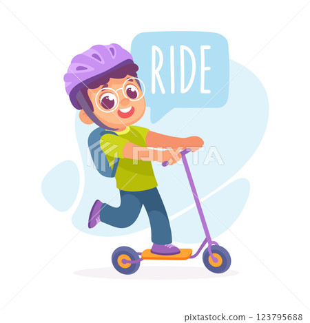 Boy Ride Scooter as Verb Study with Little Kid Demonstrating Activity Vocabulary Vector Illustration 123795688