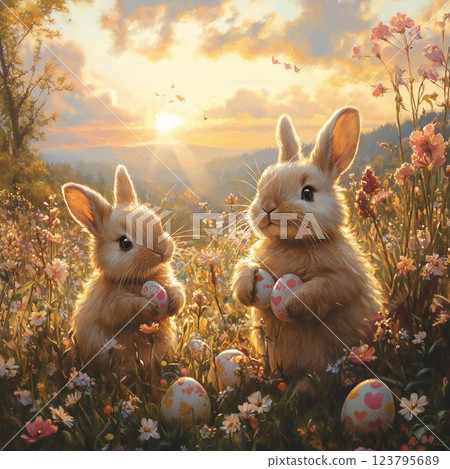 The bunnies are playfully hiding eggs 123795689