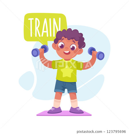Boy Train with Dumbbells as Verb Study with Little Kid Demonstrating Activity Vocabulary Vector Illustration Boy Train with Dumbbells as Verb Study with Little Kid Demonstrating Activity Vocabulary Vector Illustration 123795696