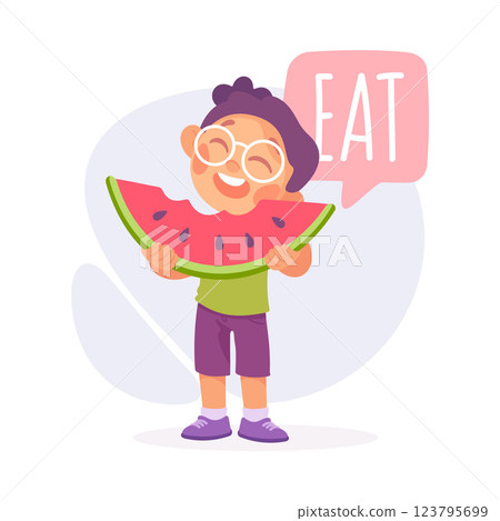 Boy Eat Watermelon as Verb Study with Little Kid Demonstrating Activity Vocabulary Vector Illustration Boy Eat Watermelon as Verb Study with Little Kid Demonstrating Activity Vocabulary Vector Illustration 123795699