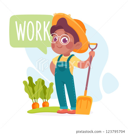 Boy Work in Garden as Verb Study with Little Kid Demonstrating Activity Vocabulary Vector Illustration 123795704