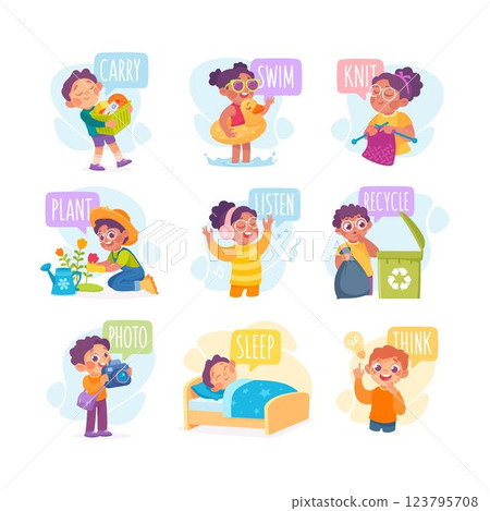 Verbs Study with Little Kid Demonstrating Different Activity Vocabulary Vector Set 123795708