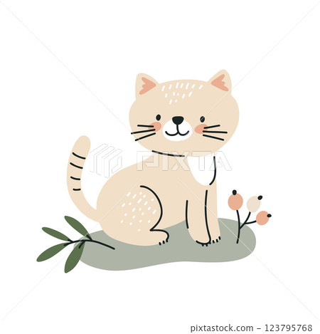Cute cat sitting on white background, flat vector illustration Cute cat sitting on white background, flat vector illustration 123795768