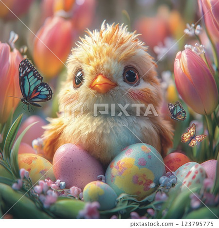 A baby chick popping out of a colorful Easter egg 123795775