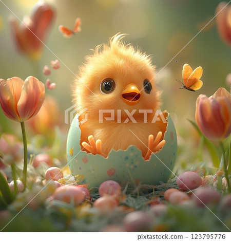 A baby chick popping out of a colorful Easter egg 123795776