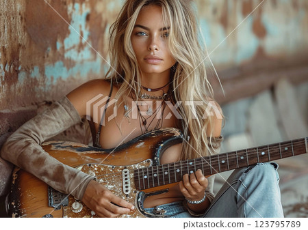 Beautiful female singer musician holding old electric guitar for making rock music.AI Generative. Beautiful female singer musician holding old electric guitar for making rock music.AI Generative. 123795789
