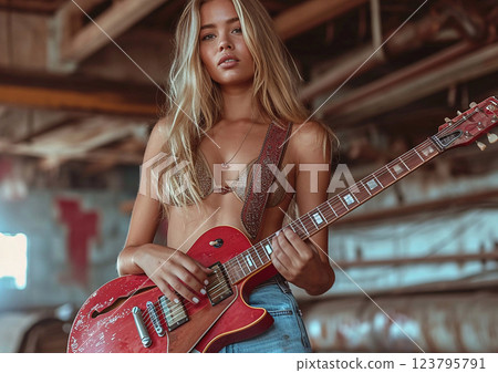 Beautiful young woman musician singer with electric guitar wearing bikini and jeans.AI Generative. Beautiful young woman musician singer with electric guitar wearing bikini and jeans.AI Generative. 123795791