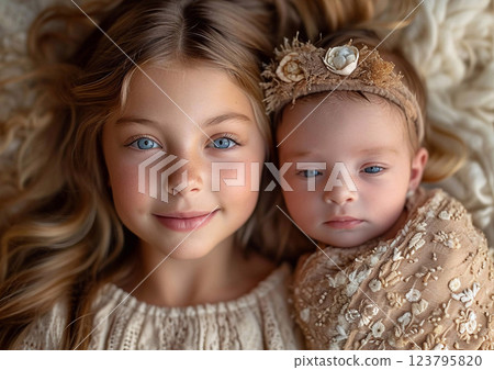 Cute beautiful little girl with newborn baby sister in warm beige tone clothing.Macro.AI Generative. Cute beautiful little girl with newborn baby sister in warm beige tone clothing.Macro.AI Generative. 123795820