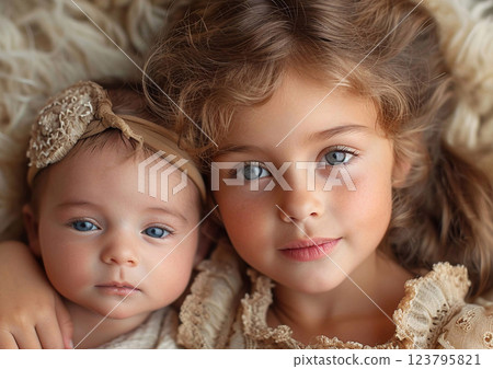 Cute beautiful little girl with newborn baby sister in warm beige tone clothing.Macro.AI Generative. 123795821