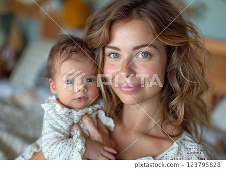 Happy young beautiful woman holding her first new born baby child. Happy motherhood.AI Generative. Happy young beautiful woman holding her first new born baby child. Happy motherhood.AI Generative. 123795828
