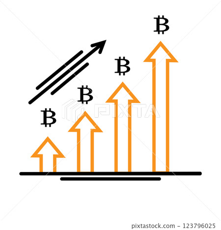 Bitcoin price increase illustrated with arrows and currency symbols Bitcoin price increase illustrated with arrows and currency symbols 123796025