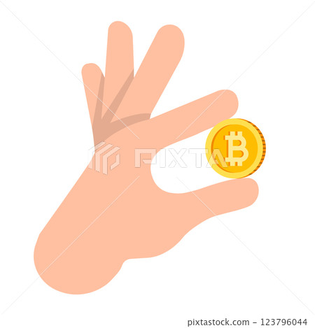 Hand holding a Bitcoin coin symbolizing digital currency investment and finance 123796044