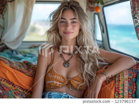 Young beautiful woman in retro vintage van on road trip summer holiday.Macro.AI Generative. 123796137