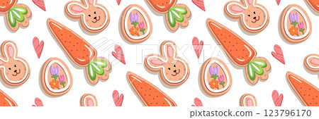 Cute Easter pattern with handmade cookies in form of bunny, carrot and egg. Festive gingerbread cookie with icing. Spring background for holiday greeting, invitation. Vector flat illustration. Cute Easter pattern with handmade cookies in form of bunny, carrot and egg. Festive gingerbread cookie with icing. Spring background for holiday greeting, invitation. Vector flat illustration. 123796170