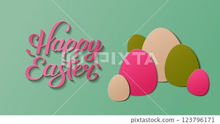 Stylish Easter banner featuring colorful paper cut style eggs and elegant lettering on mint background. Perfect for holiday promotions, greeting cards, and festive decorations. Vector design. Stylish Easter banner featuring colorful paper cut style eggs and elegant lettering on mint background. Perfect for holiday promotions, greeting cards, and festive decorations. Vector design. 123796171