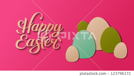 Stylish Easter banner featuring colorful paper cut style eggs. Elegant lettering on pink background. Perfect for holiday promotions, greeting cards, and festive decorations. Vector design. Stylish Easter banner featuring colorful paper cut style eggs. Elegant lettering on pink background. Perfect for holiday promotions, greeting cards, and festive decorations. Vector design. 123796172